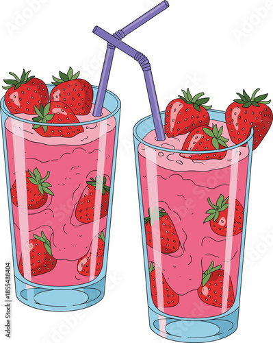 Cartoon vector illustration set of two tall glasses of pink strawberry smoothie or juice, generously garnished with whole strawberries and crossed drinking straws.