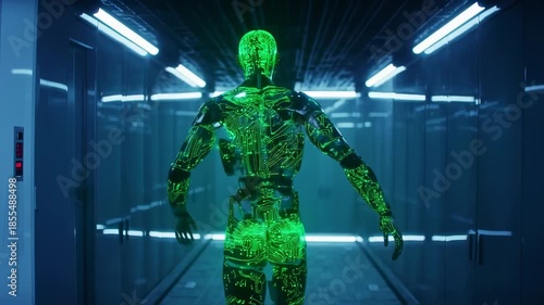 Futuristic humanoid robot with circuit patterns in a modern setting