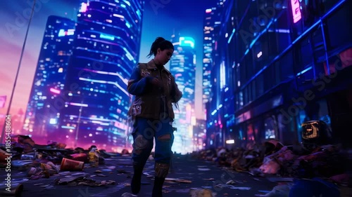 Dystopian future exploration: Pensive woman navigates a polluted cityscape