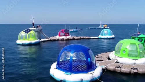 Futuristic floating eco-resort pods with renewable energy sources on open sea