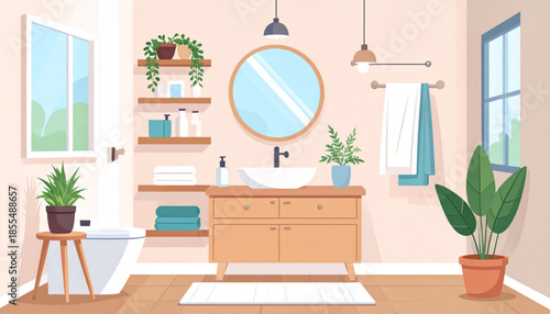 Modern and clean bathroom interior with vanity, sink, mirror, toilet, plants, and shelves, featuring a bright and fresh design.