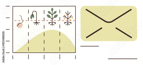 Plant growth cycle illustrated as a chart with stages from seed to full growth. Envelope suggests communication, data sharing, or messaging. Ideal for education, ecology, growth tracking, messaging