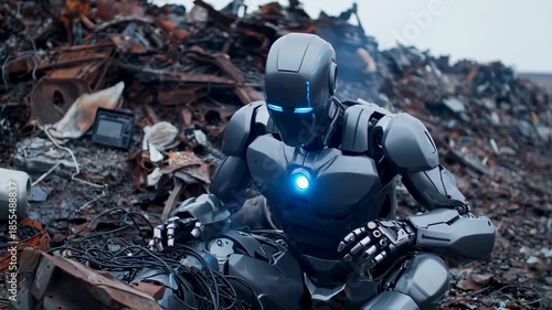 Futuristic Cyborg Scavenging Scrap, High-Tech Amidst Technological Waste