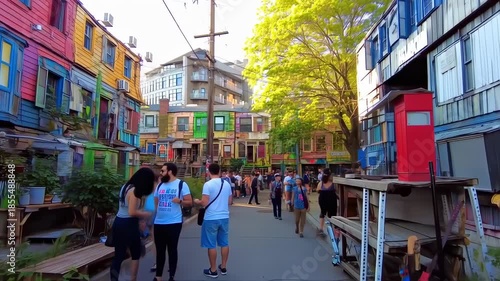 Vibrant Street Scene with Colorful Buildings and Curious Crowd Amidst Verdant Trees