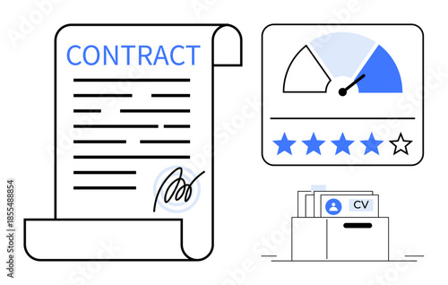 Employment contract concept. Employment contract signed, resume storage, and job performance evaluation. Employment documents and performance assessment for recruitment, HR, and documentation