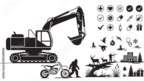 Heavy machinery and outdoor icons collection isolated illustration
