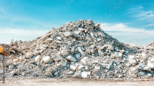 Pile of shattered concrete rubble against a clear blue sky