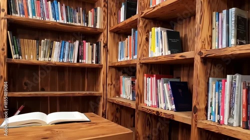 Wooden library with open book on desk ready for scholarly pursuit