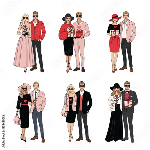Digital illustration of eight stylish couples wearing sunglasses on a white background, showcasing valentine romantic outfits. Perfect for valentine's day, romantic greeting cards, and