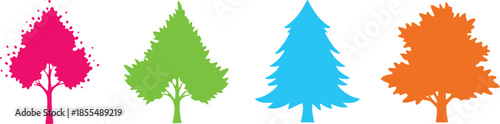 Stylized Tree Quartet in Pink, Green, Blue, and Orange – Vibrant Botanical Silhouettes for Seasonal and Species Diversity