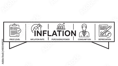 Inflation concept with icons showing price level purchasing power and consumption