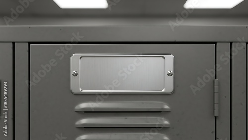 A close-up view of a metal locker with a nameplate and handles in a dimly lit environment