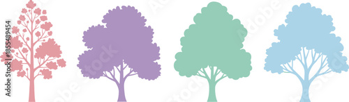 Stylized Tree Quartet in Pink, Purple, Green, and Blue – Artistic Botanical Silhouettes for Seasonal and Species Diversity
