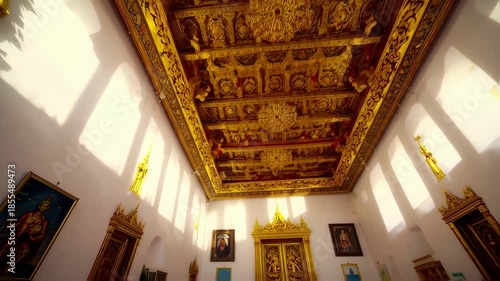 Elaborate ceiling detail inside the temple in Bangkok, Thailand