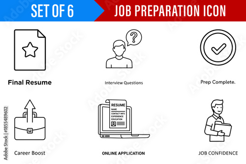 Set of six professional line icons for job preparation including final resume interview questions online application and career boost
