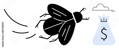 Black insect flying toward a bag of money featuring a dollar sign. Represents financial growth, wealth accumulation, profit pursuit, economic opportunities, investments, savings. Ideal for finance