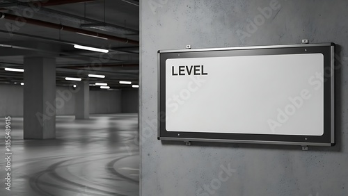 A blank sign on a concrete wall in an empty parking garage with fluorescent lights
