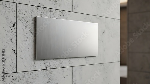 A silver plaque mounted on a marble wall in a modern interior setting viewed from the side