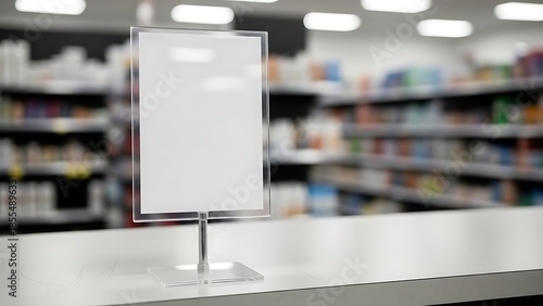 A blank sign on a counter in a retail store with shelves of products in the background