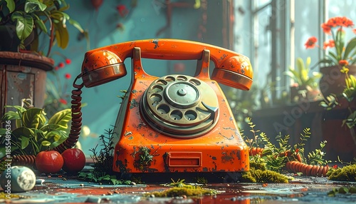 Nostalgic orange rotary telephone overgrown with nature in a whimsical setting