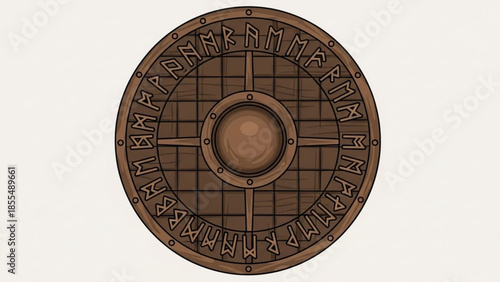 Viking shield with runic inscription on wooden background with metal rivets and grid pattern