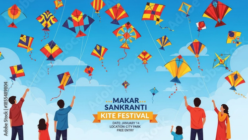 Makar sankranti kite festival with people flying colorful kites in blue sky with clouds