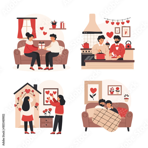 Illustrations of couples in various romantic valentine scenes at home, showing affection and love in different settings. Perfect for valentine promotions, romantic greeting cards, and