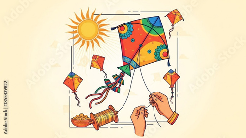 Colorful kites flying in sunny sky with hands holding string and spool, bowl of snacks nearby, joyful outdoor recreational activity
