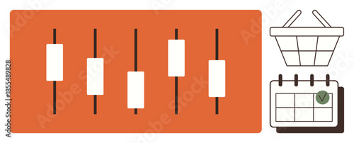 Candlestick chart, calendar with checkmark, shopping basket highlight stock market, ecommerce, management, planning, tracking, strategy, or finances for a clear simple flat metaphor