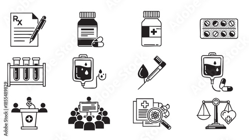 Medical and pharmaceutical icons set isolated on transparent background