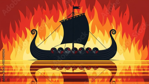 Viking longboat sailing through intense fiery flames on water with reflection
