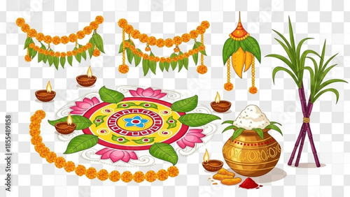Vibrant diwali celebration elements with rangoli, diyas, marigold garlands, and potted plant on white background, indian festival decorations