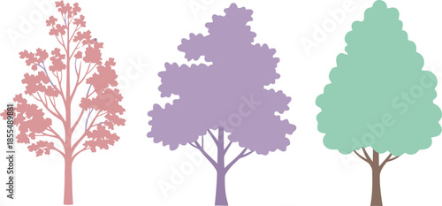 Stylized Tree Trio in Pink, Purple, and Green – Artistic Botanical Illustration of Shape and Foliage Diversity