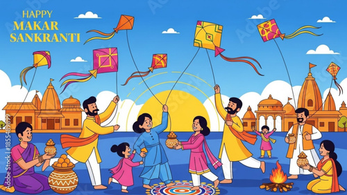 Happy makar sankranti, people flying colorful kites on sunny day with traditional indian architecture in background, festive atmosphere with family and friends