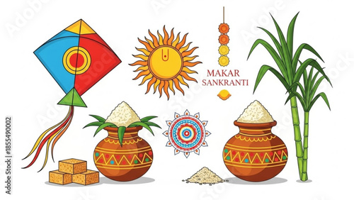 Makar sankranti festival celebration with kite, sugarcane, and traditional indian sweets