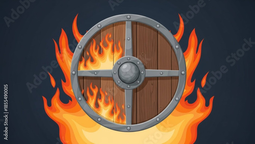Illustration of a wooden shield with metal rim and flames burning behind it on dark background