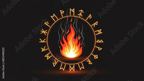 Glowing runic circle with flame, mystical symbols on black background, ancient magic illustration