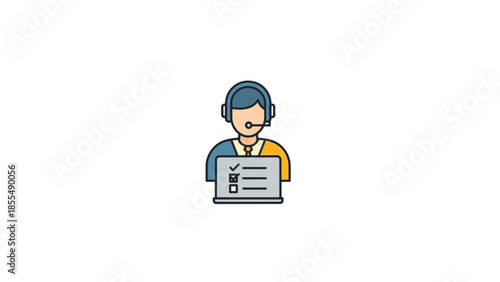Customer service representative with headset and checklist on laptop screen.