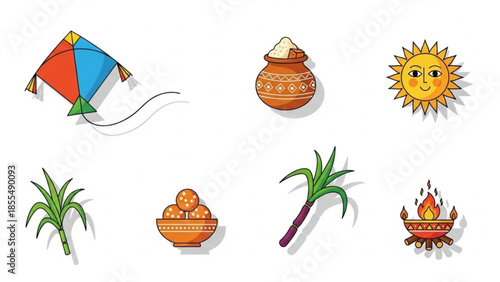 Makar sankranti festival symbols, kite, sweetmeats, sun, plants, fire, indian harvest celebration elements