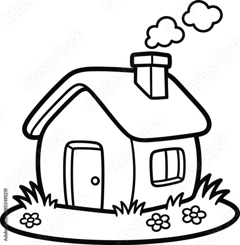 A charming, simple cartoon drawing of a house with smoke coming from the chimney, nestled in a grassy area with flowers, presented in a clean, black and white line art style