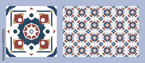 Blue and red mediterranean mosaic tile pattern with geometric star shape for architecture design