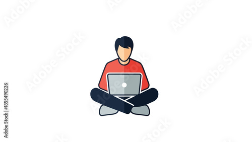 Young man sitting cross legged with laptop on white background.