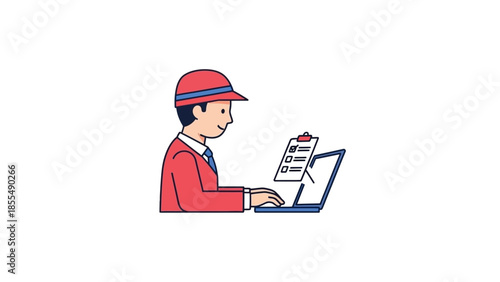 Man in Red Suit Working on Laptop with Checklist.