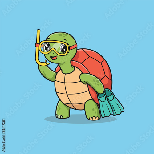 Cute funny cartoon turtle wearing a hat smiling happily in a green nature illustration for children