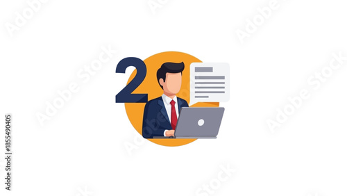 Man in suit working on laptop with document and number two.