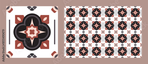Dark vintage geometric tile pattern with black and red ornament for gothic style background