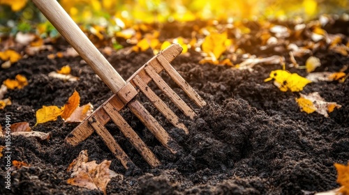Wallpaper Mural Wooden pitchfork turning rich dark compost in the garden Torontodigital.ca