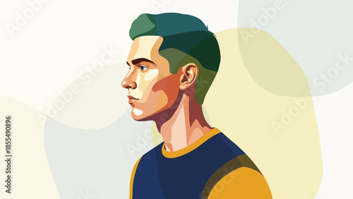 Illustration of a young man in profile with green hair and a blue vest against an abstract background with pastel colors.