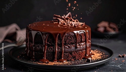 Decadent and rich chocolate layer cake adorned with ganache glaze and elegant chocolate shavings, a sweet indulgence