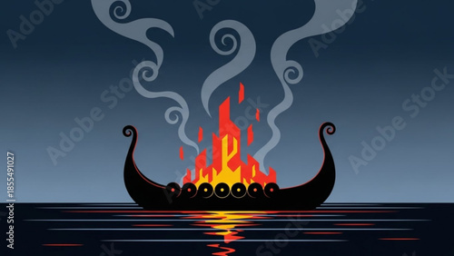 Viking longboat burning on water with smoke curling up, dramatic dark background with flames reflecting on surface